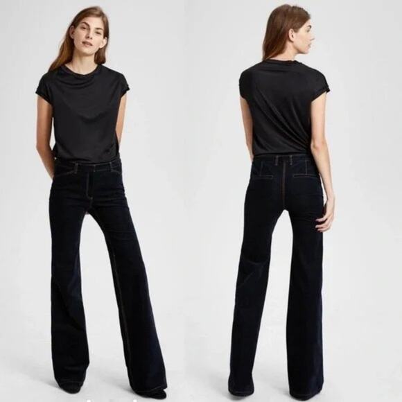 Theory Flared Bell Bottom Velvet Pants SIZE 12 Black Wide Leg Trousers USA - Picture 1 of 10